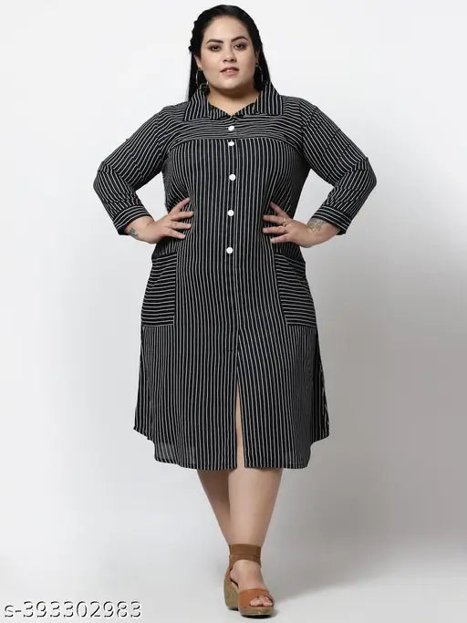 FAZZN Plus Size Black Striped Rayon Knee Length Collared Full Sleeve Dress with Customization