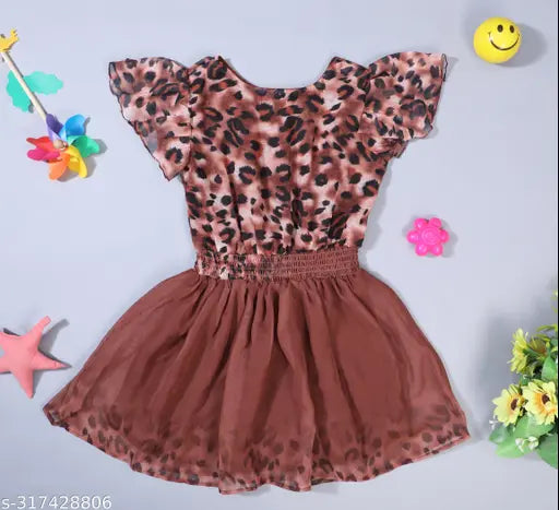 Nature Craft Brown Georgette Floral Half  Sleeve knee Length Kids Dress