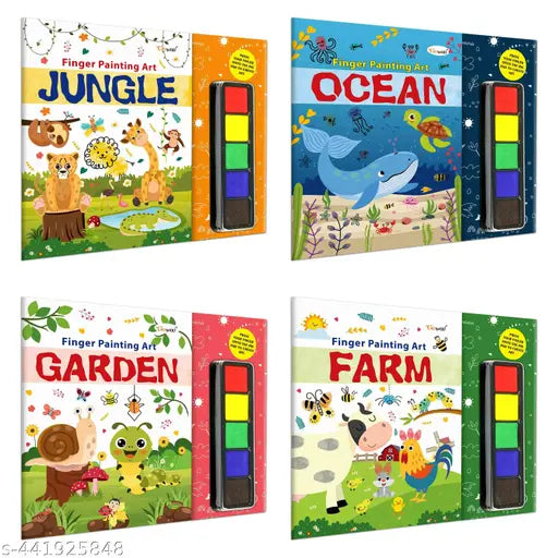 JUNGLE  OCEAN  GARDEN and FARM - Fingerpainting and Colouring Art : Art book for children  Coloring Activity Book  Thumbprint Art and Craft book for Toddlers-  Pack of 4 Art and Craft Books