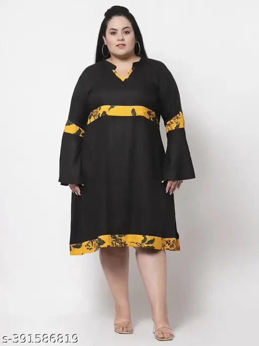 FAZZN Plus Size Customizable Knee-Length V Neck Flared Full Sleeves Rayon Dress in Black