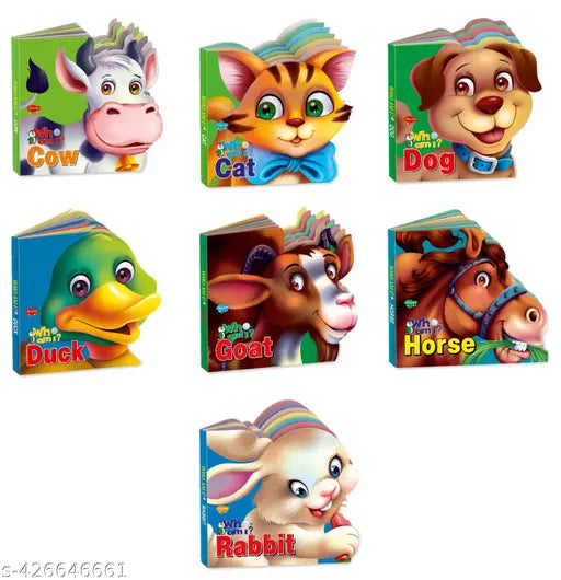 Cow  Cat  Dog  Duck  Goat  Horse and Rabbit Who Am I' Die-Cut Shape Board-Books : Die-cut books for kids  Animals die-cut for kids  Board books for kids  Learning book for kids - Combo of 7 board books for kids.
