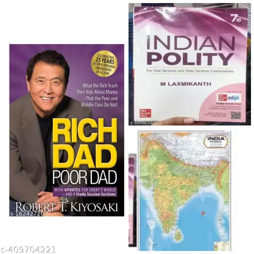 BOOK HUB-Indian Polity By M. Laxmikanth For All Exam & Rich Dad Poor Dad and A Frre physical map (Paperbsck  English)