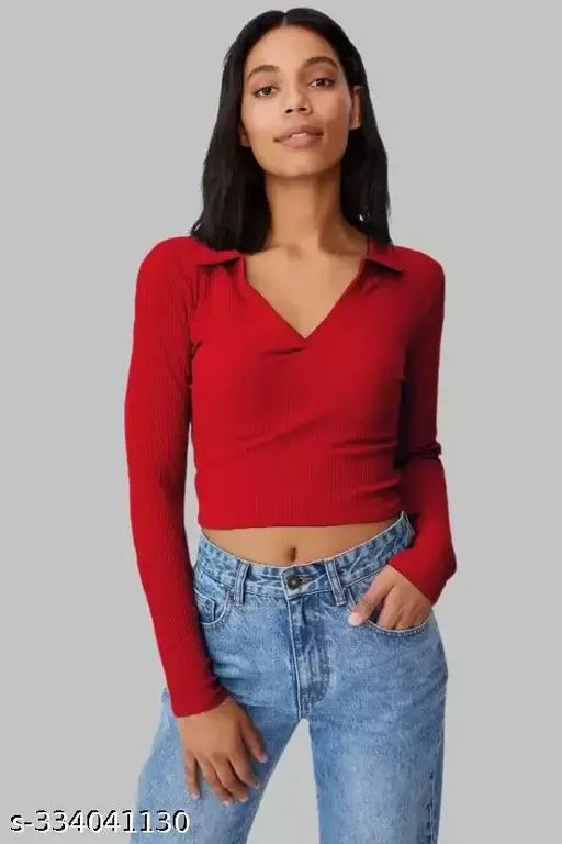 Women Sleveeless Polo Collar Ribbed Full Sleeve Solid Cotton Crop Tops & Tunics