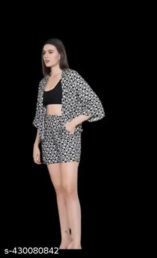 Avyola Women Trendy Geometric Print Viscose Rayon Flared Sleeves Open Front Shrug and Shorts Black Co-ord Set With Pockets For Beach And Summer Occasions Causal And Party Wear
