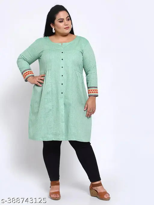FAZZN Plus Size and Green Cotton Knee Length Front Slit Round Neck Full Sleeve Kurti