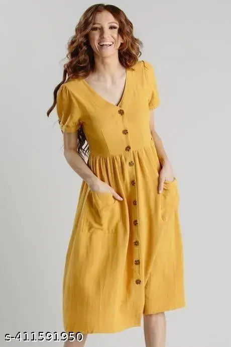 Stylish Front Button Yellow  Kurti  For Woman