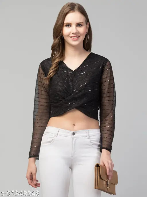 Women Girls Knot Style Tinsel Bling Party Top