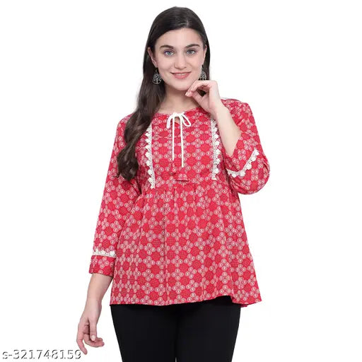 Nature Craft Red Poly Crepe Checked Printed  Women Tops