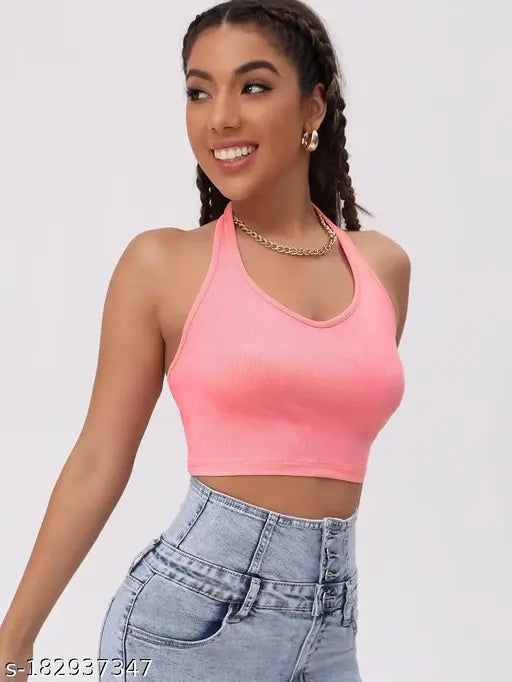 Halter Neck Crop Ribbed Top