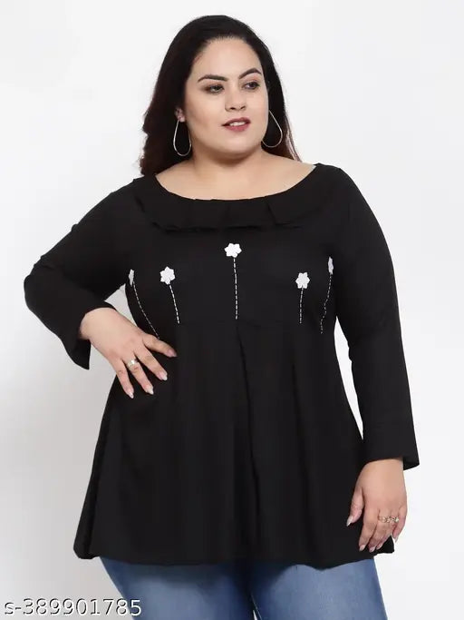 FAZZN Plus-Size Customizable Boat Neck Full Sleeves Black Rayon Top