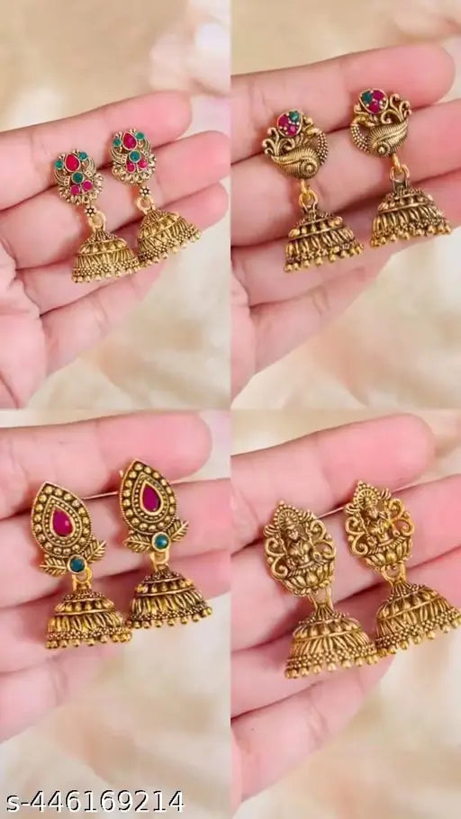 jhumka earring's South Indian gold palated  earrings  combo  jhumka rarring's  Zumka Earrings Traditional Jewellery Ethnic Fancy #fancy earring's # latest earring's (pack of-4