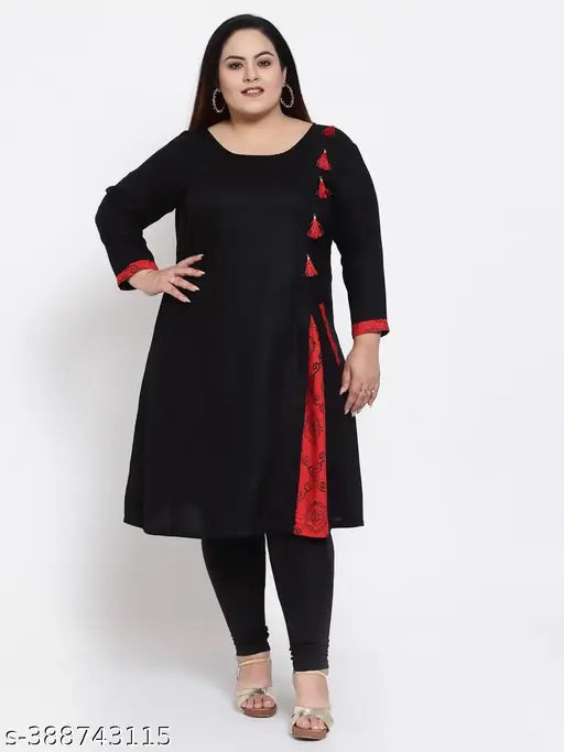FAZZN Plus Size Knee-Length Rayon Black Kurti with Full Sleeves