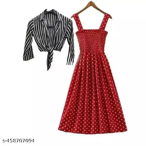 Nature Craft Women Stylish and Trendy Polka Stripe Grey Shrug Smoking Red Dress for women