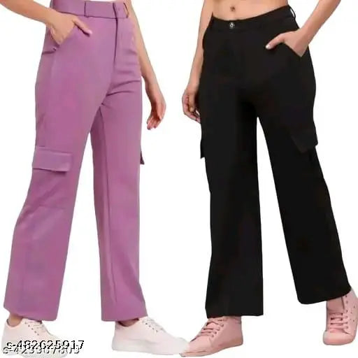 Women solid cargo bell boutam pants combo pack of 2