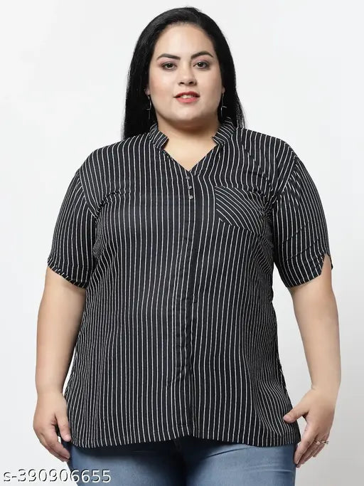 FAZZN Plus Size Black Rayon Striped Collared Half Sleeves Top