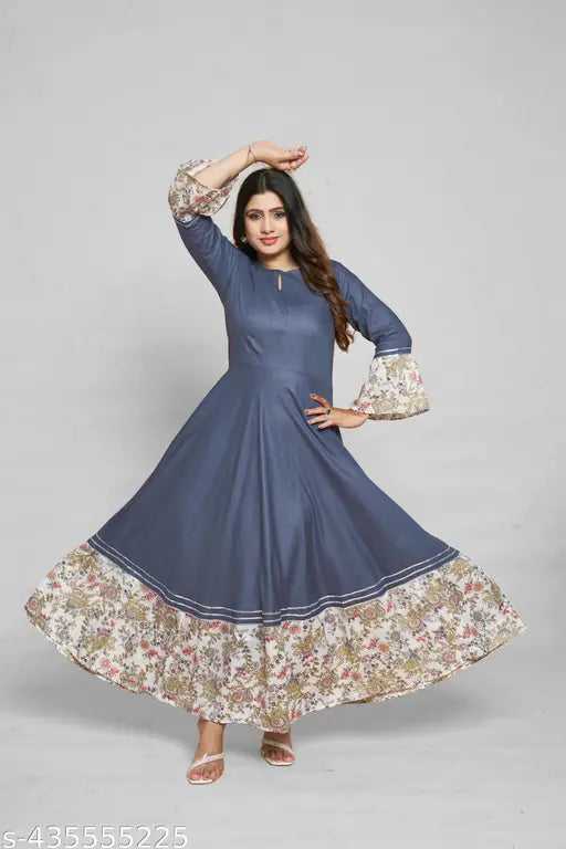 Ashima Designer Grey Color Solid Print Ballon Sleeves Frill Designer Rayon Flared Kurti