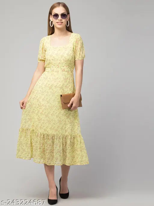 Stylish Floral Printed Georgette A-Line Dress