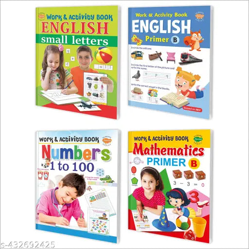 Primer Work & Activity english small letters  Primer—B  Numbers 1 to 100 and Mathematics Primer—B book for kids : Activity book for kids  Kids learning activity book  Educational activity book - Pack of 4 book for kids.