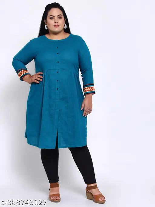 FAZZN Plus Size and Blue Cotton Knee Length Front Slit Round Neck Full Sleeve Kurti
