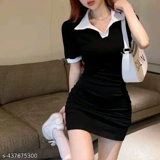 COREAN STYLISH MINI COLLAR DRESS BLACK..