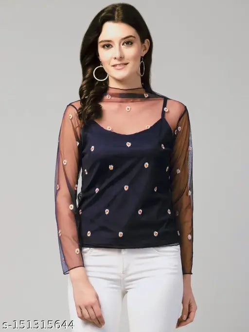 Stylish Embroidered High Neck Mesh Top
