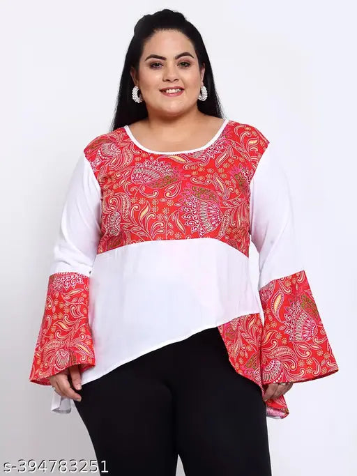 FAZZN Plus-Size Multi-Color Printed Rayon Round Neck Full Sleeves Top
