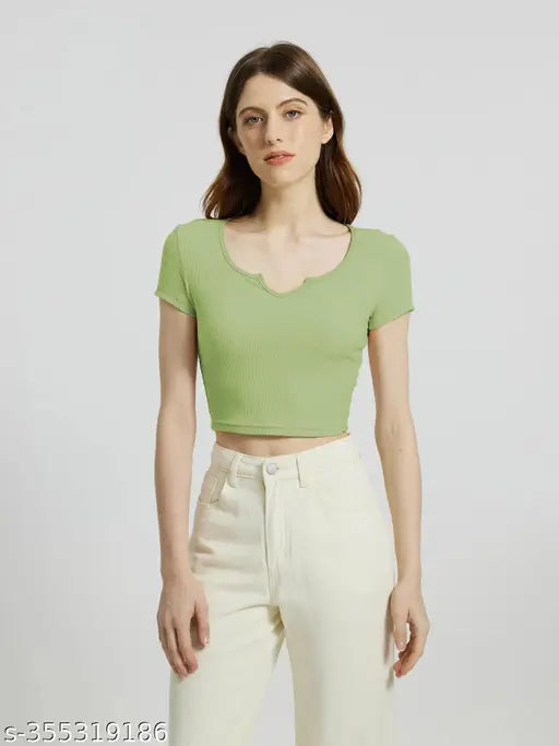 Women Casual Wear V Neck V Cut Half Sleeve Crop Cotton Blend Ribbed Top