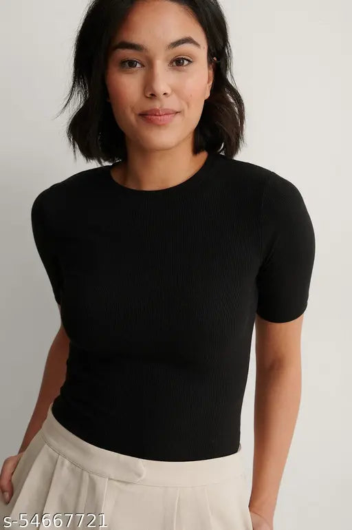 Round Neck Half Sleeve  Ribbed  Top for Women
