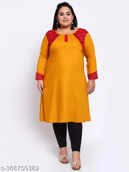 FAZZN Plus Size Yellow Rayon Knee Length Straight Kurti with Boat Neck and Full Sleeves