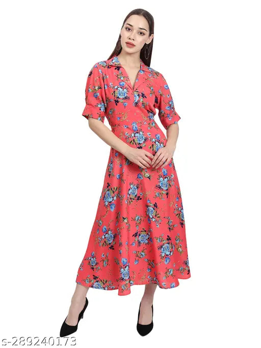 Nature Craft Women Multicolor Crepe V-neck Floral Print Maxi Dress