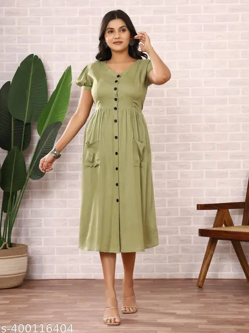 Women's Solid Heavy Rayon Dress Kurti Puff  Sleeve Kurta For Women