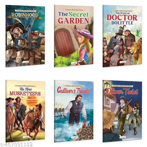 The Secret Garden  The Story of Doctor Dolittle  The Three Musketeers  Gulliver's Travels  Oliver Twist and Robin Hood book : Children learning illustrated books  Story book for kids - Pack of 6 books
