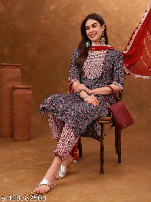 Women's Flower Printed Kurta with Pant Ethnic Set
