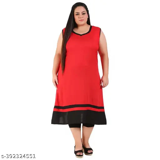 FAZZN Plus Size Customizable Knee Length Solid Red Rayon Kurti
