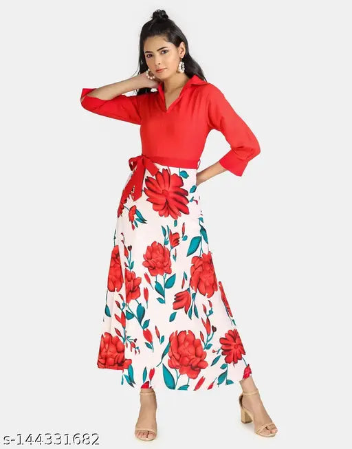 Nature craft Floral printed Red shirt dress for women