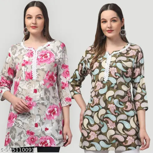 Women printed multicolou rayon embroded short kurti pack of 2