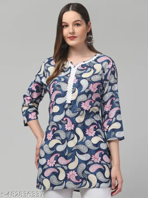 Women printed laces 3/4 sleeve rayon short kurti