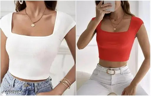 Women Casual Wear Square Neck Half Sleeve Crop Top