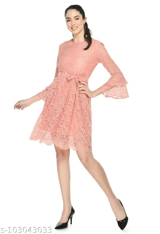 Women's Girls Fit & Flare Knee Length Flared Sleeves Lace Dress