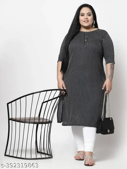 FAZZN Plus Size Black Rayon Knee Length Kurti with Round Neck and Striped Sleeves