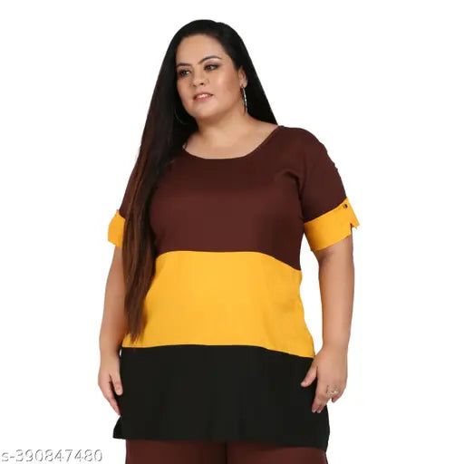 FAZZN Plus Size Multi Color Round Neck Half Sleeves Rayon Top