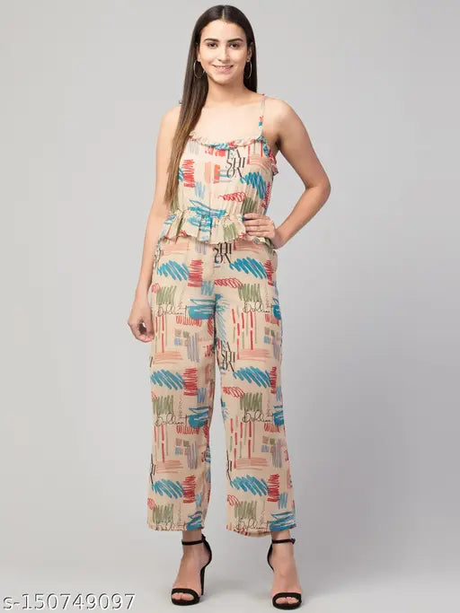 Women Girls Tie-up Shoulder Straps Printed Georgette Flared Jumpsuit