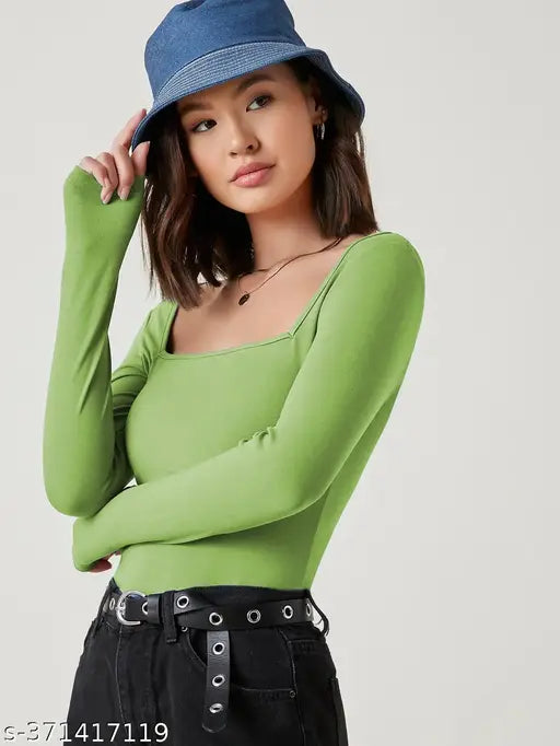 Redamancii Square Neck Full Sleeve Casual Ribbed Top for  Girls and Women