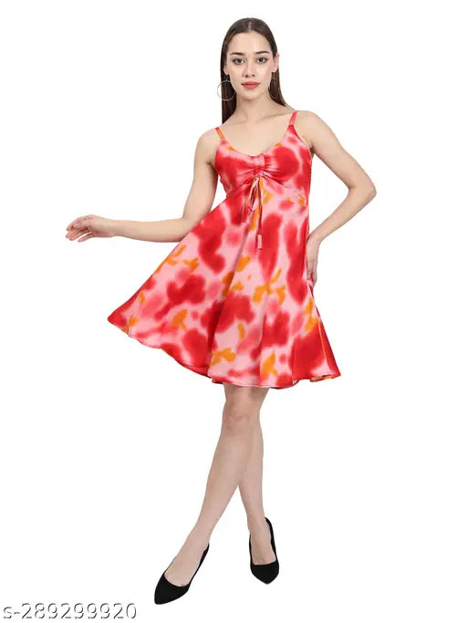 Nature Craft Women Red Crepe stripe shoulder Floral Print A-Line Dress