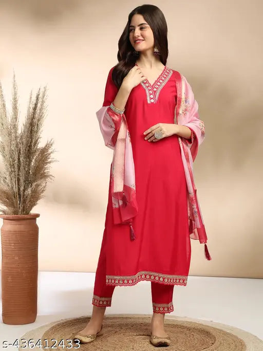 Women's Embroidered Kurta and Pant with Dupatta set