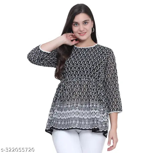 Nature Craft Black Georgette embroidered  Women Tops