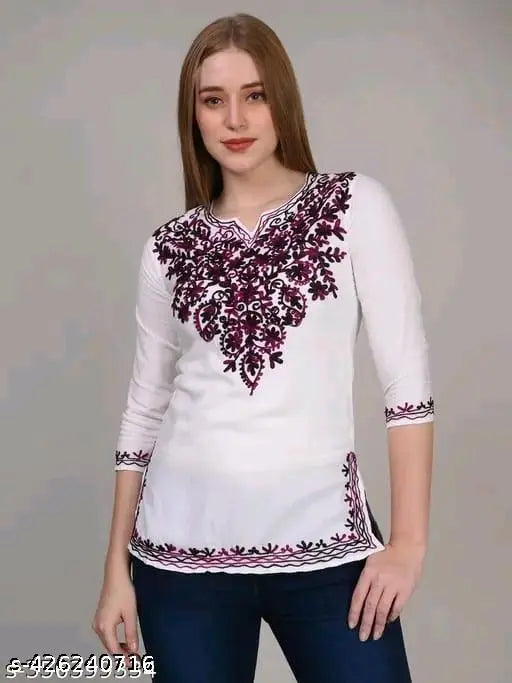 PURE COTTON SHORT KURTI with purple embroidery