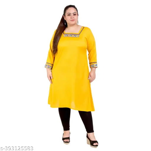 FAZZN Plus Size Yellow Rayon Straight Square Neck Kurti