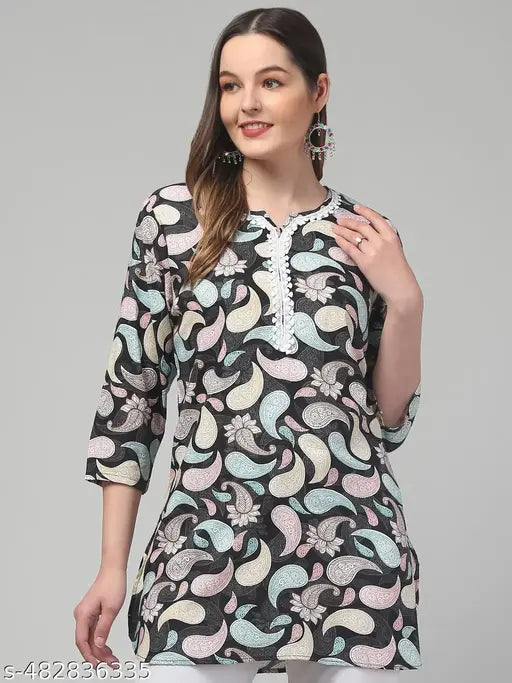 Women printed laces 3/4 sleeve rayon short kurti