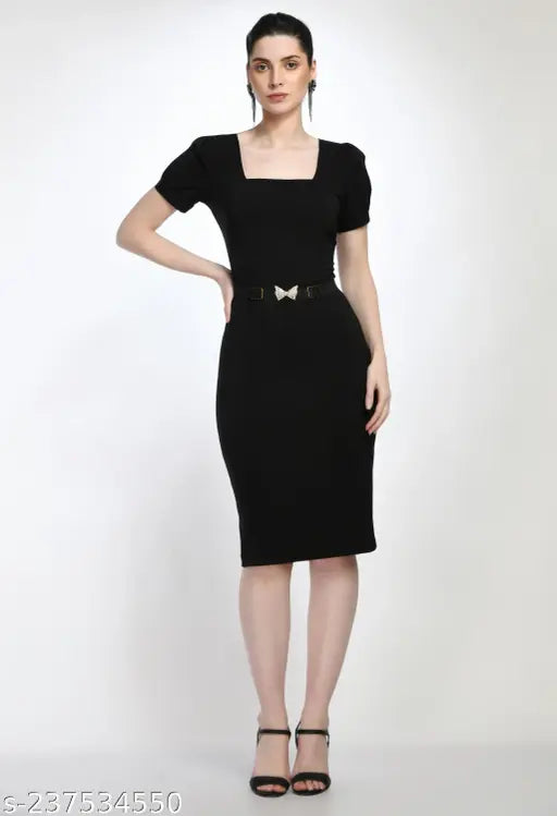 Elegant Solid Belted Sheath Dress